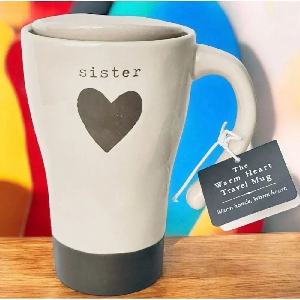 NWT Gorgeous The Warm Heart Travel Mug SISTER Tan /Grey Tall Coffee Mug with Lid